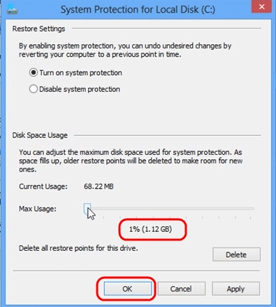 Windows 8 System Protection, Configure Settings